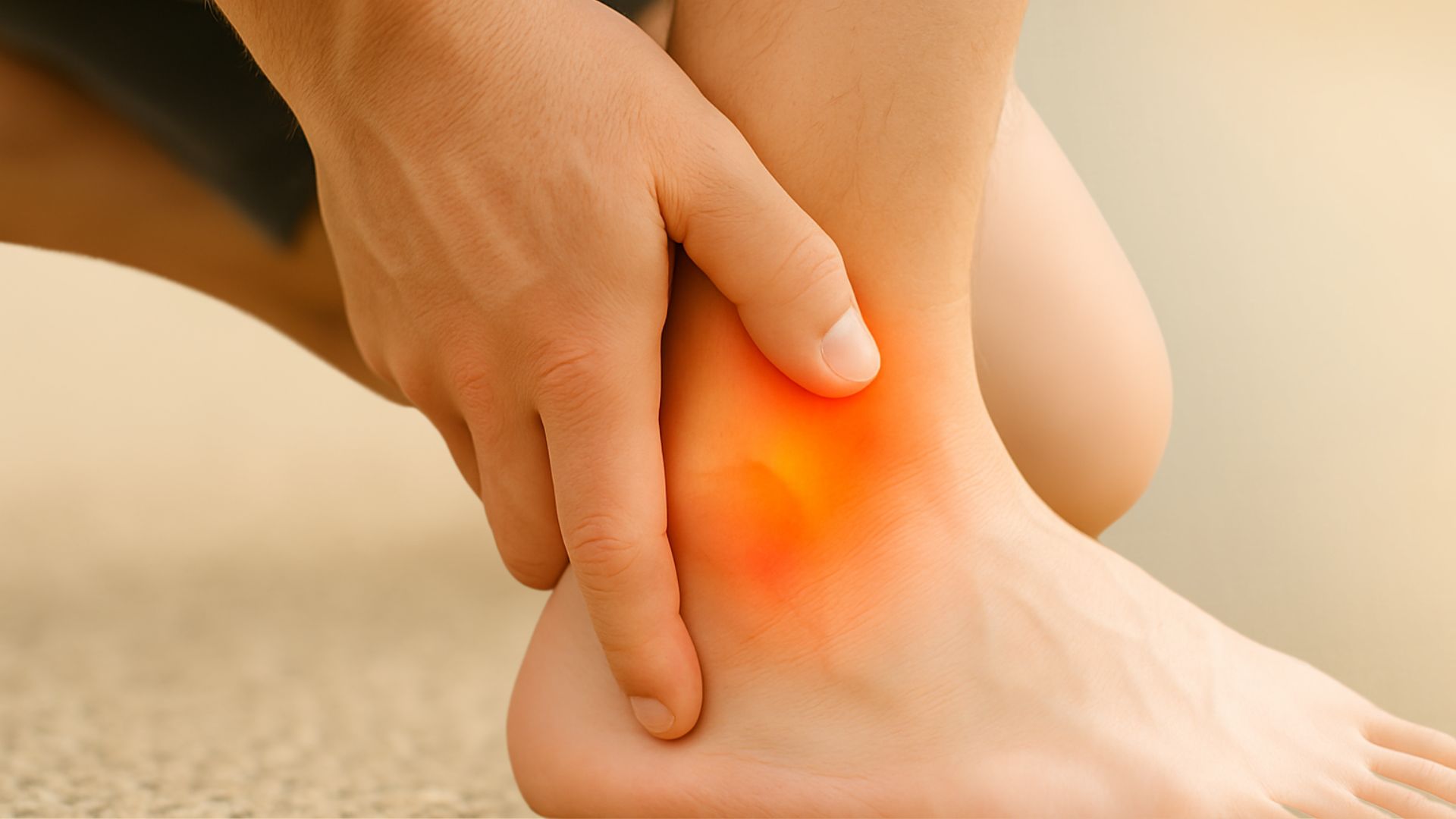 Person grips their ankle with one hand. Red and orange glow highlights pain or inflammation in the joint.