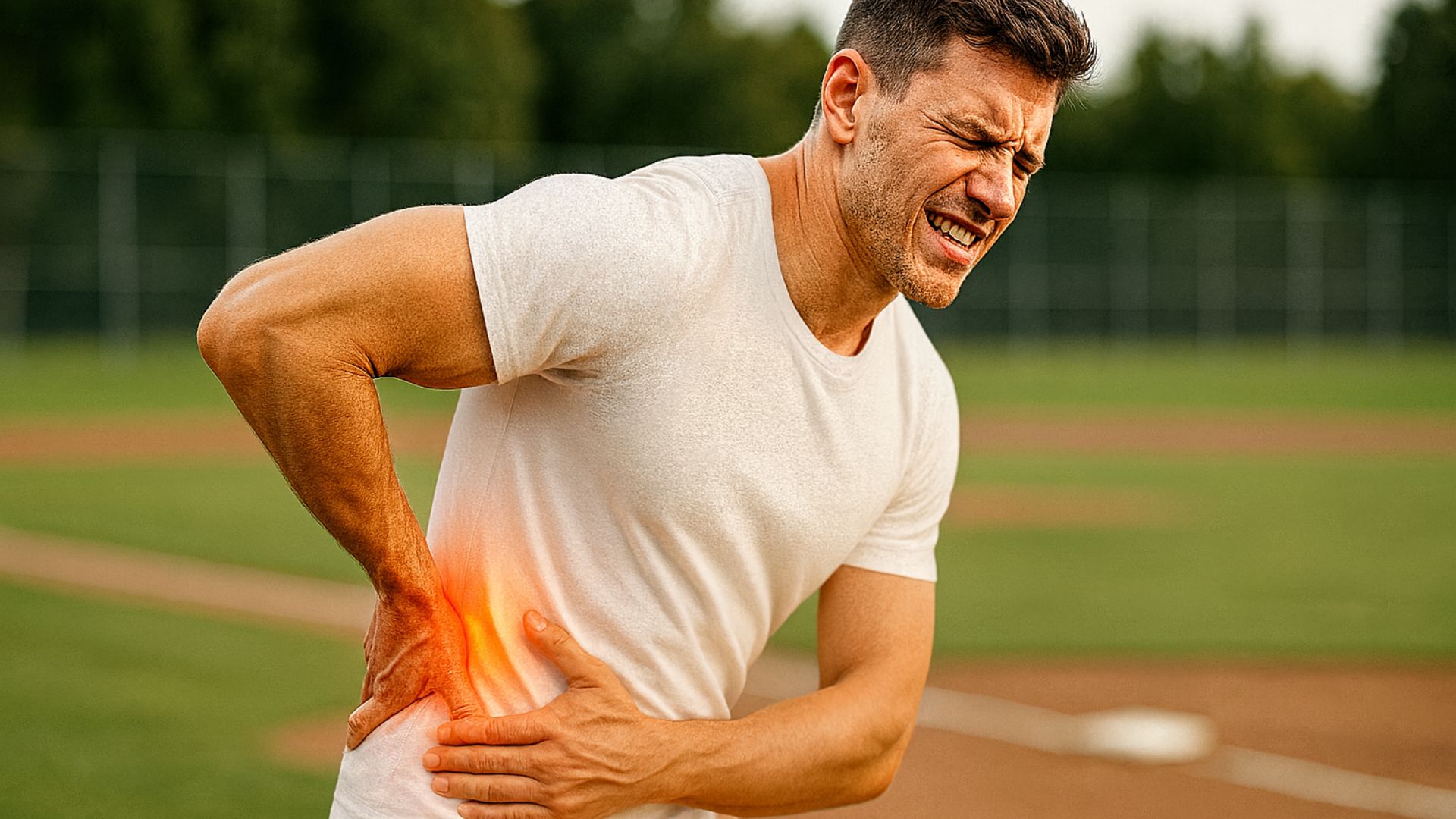 Individual in white shirt stands on a baseball field, holding their lower back with a pained expression. Red glow highlights the area of discomfort.