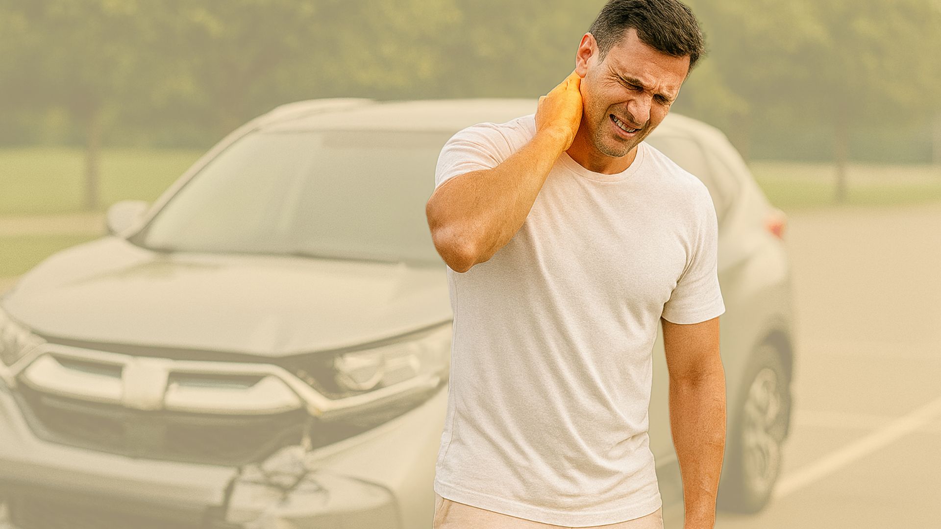 Individual in light t-shirt stands in front of a damaged vehicle, clutching their neck with a pained expression in a parking lot.