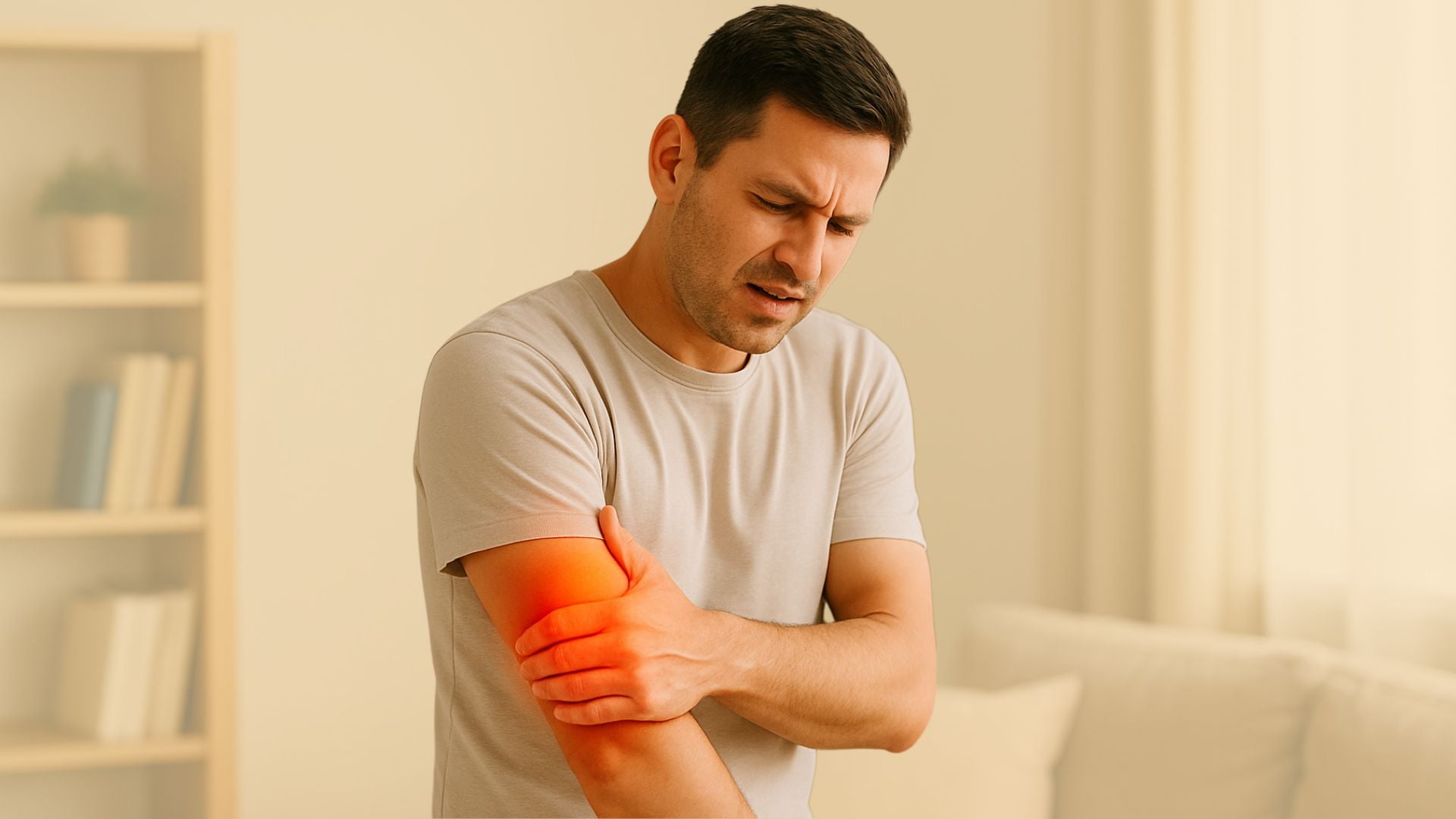 Person indoors holding left upper arm in pain, red glow indicating muscle strain or inflammation.