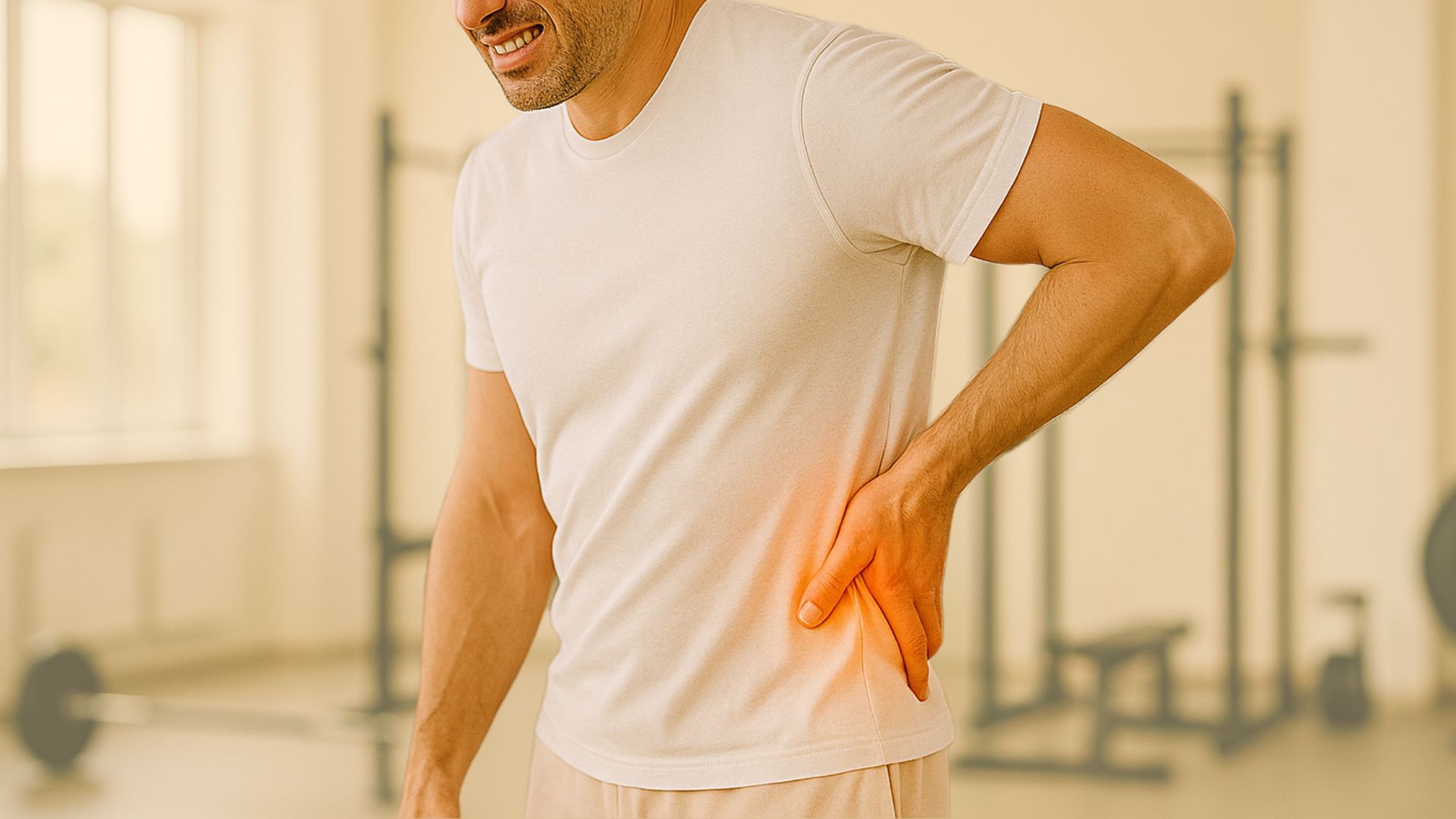 Individual in white t-shirt and light pants stands in fitness facility, clutching lower back with a pained expression.