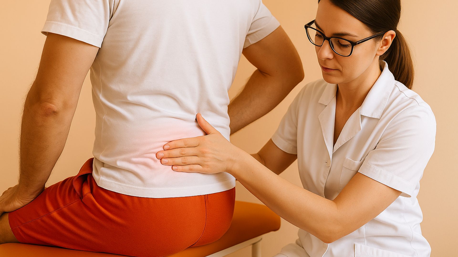 Healthcare professional in white uniform examining lower right hip area of seated patient with visible red inflammation. Let me know if you'd like variants for orthopedic care, hip pain awareness, or physical therapy content.