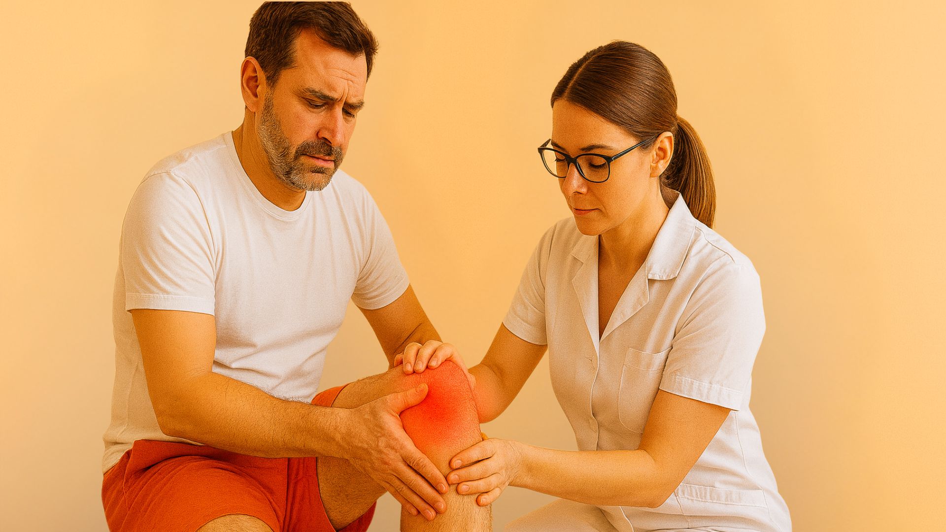 Healthcare professional in white uniform examining inflamed left knee of patient in red shorts and white shirt.