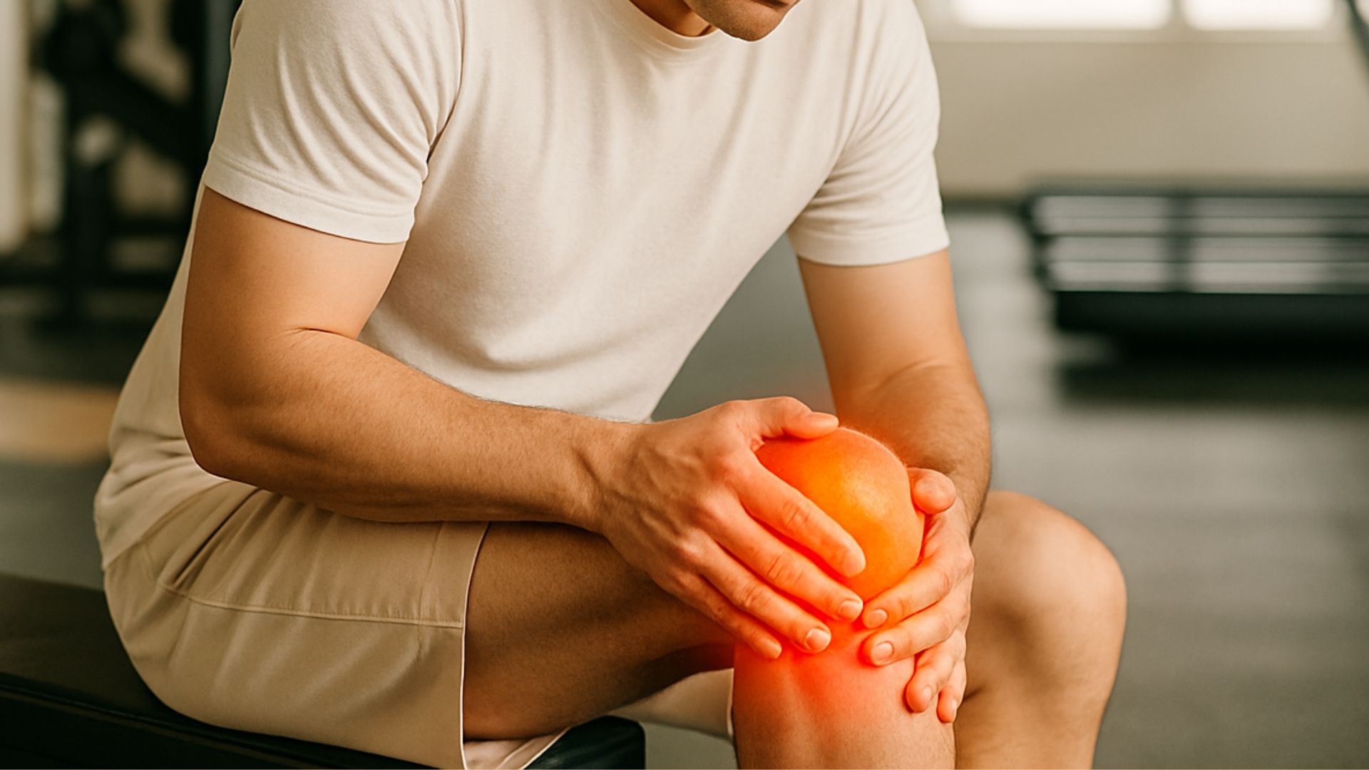 Person seated on gym bench holding painful knee, red-orange glow indicating inflammation or sports injury.