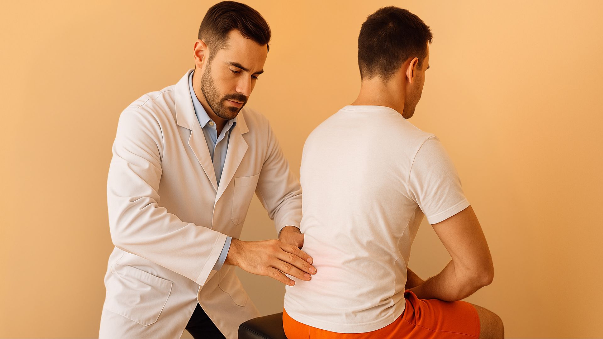 Medical professional examining patient’s lower back during clinical assessment.