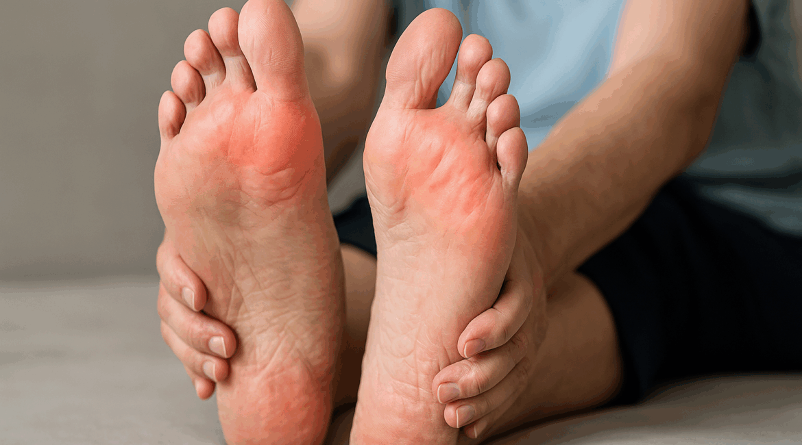 Close-up of inflamed red soles of both feet held by hands, suggesting pain or foot irritation.