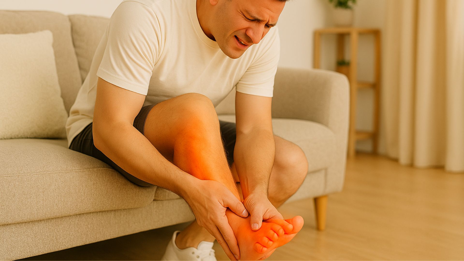 Individual in white shirt and dark shorts sits on a beige couch, gripping their lower leg and foot. Orange glow highlights discomfort, with a wooden shelf and curtains in the background.