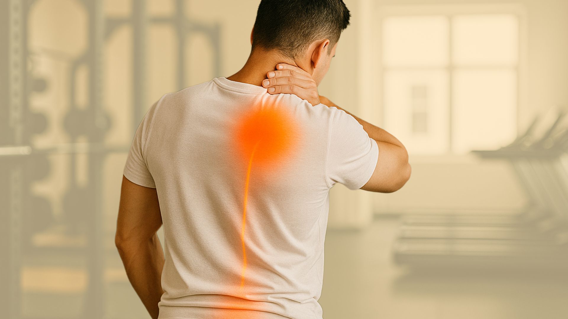 Person in gym holding neck and upper back, red-orange glow indicating spinal discomfort or muscle strain.