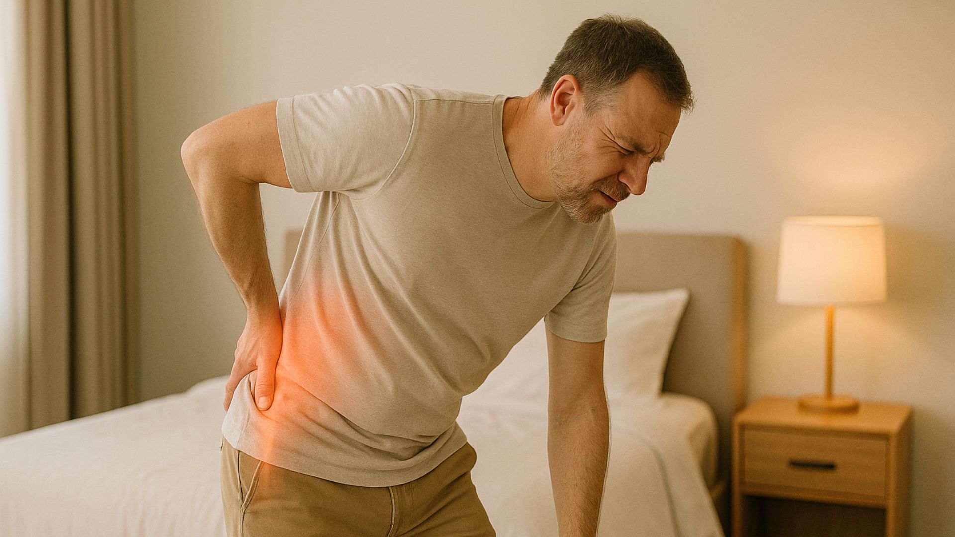 Adult experiencing lower back pain, standing in bedroom with hand on hip and red glow highlighting discomfort.