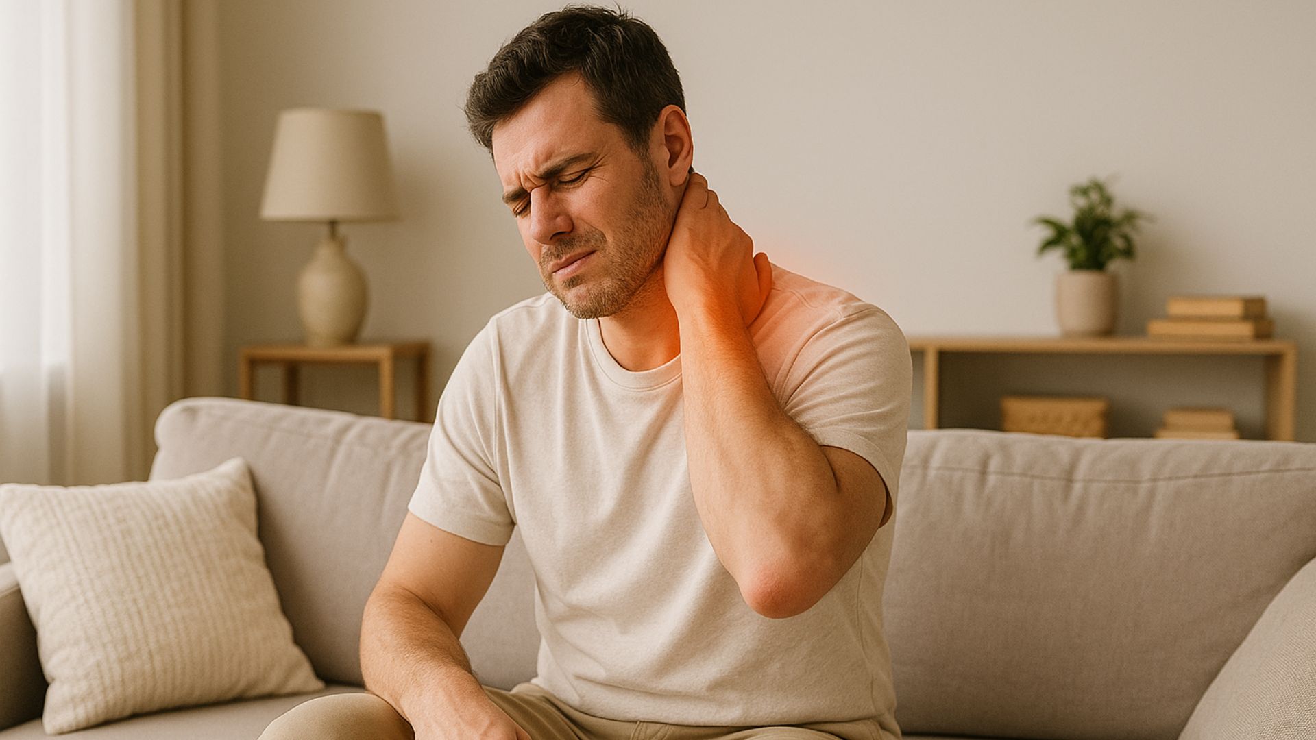 Adult seated on sofa clutching neck in pain, with red glow indicating muscle strain or tension.
