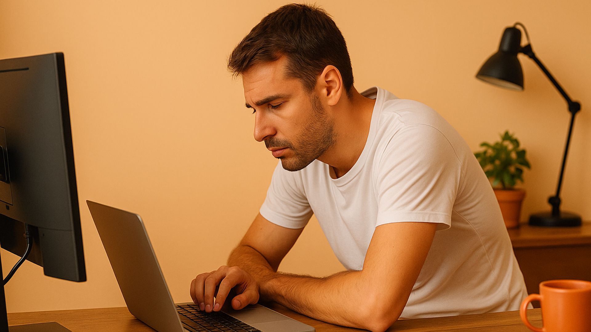 Person in white t-shirt working on laptop at desk with monitor, sitting with poor posture and slouched shoulders.