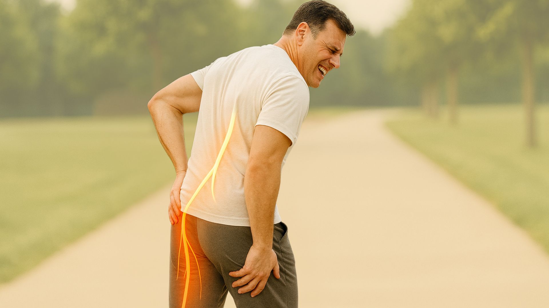 Person in athletic wear crouches on a clay tennis court, holding their lower leg in discomfort.