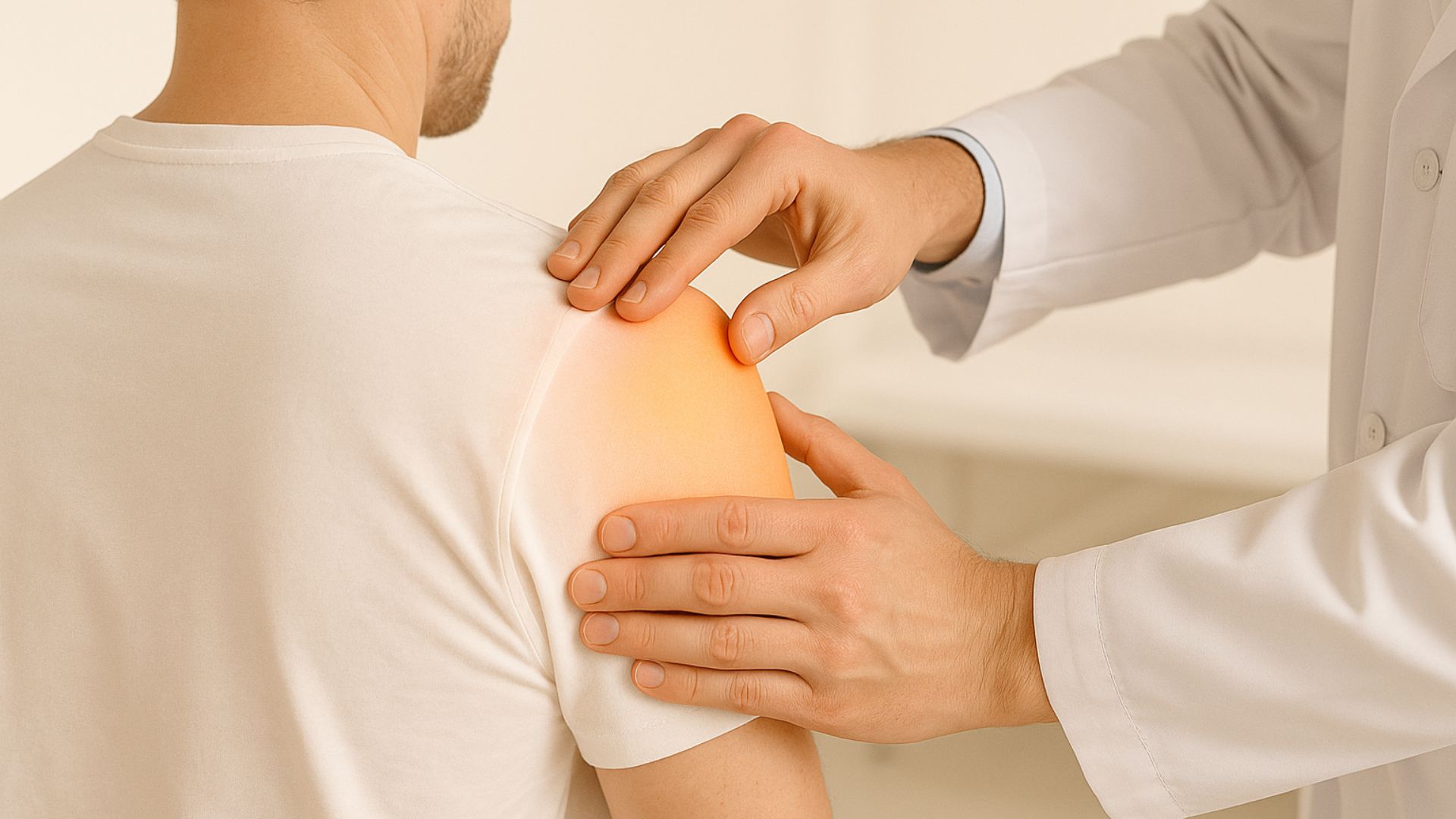 Person in white shirt receiving shoulder assessment from a medical professional. Orange glow highlights pain or inflammation in the shoulder area.