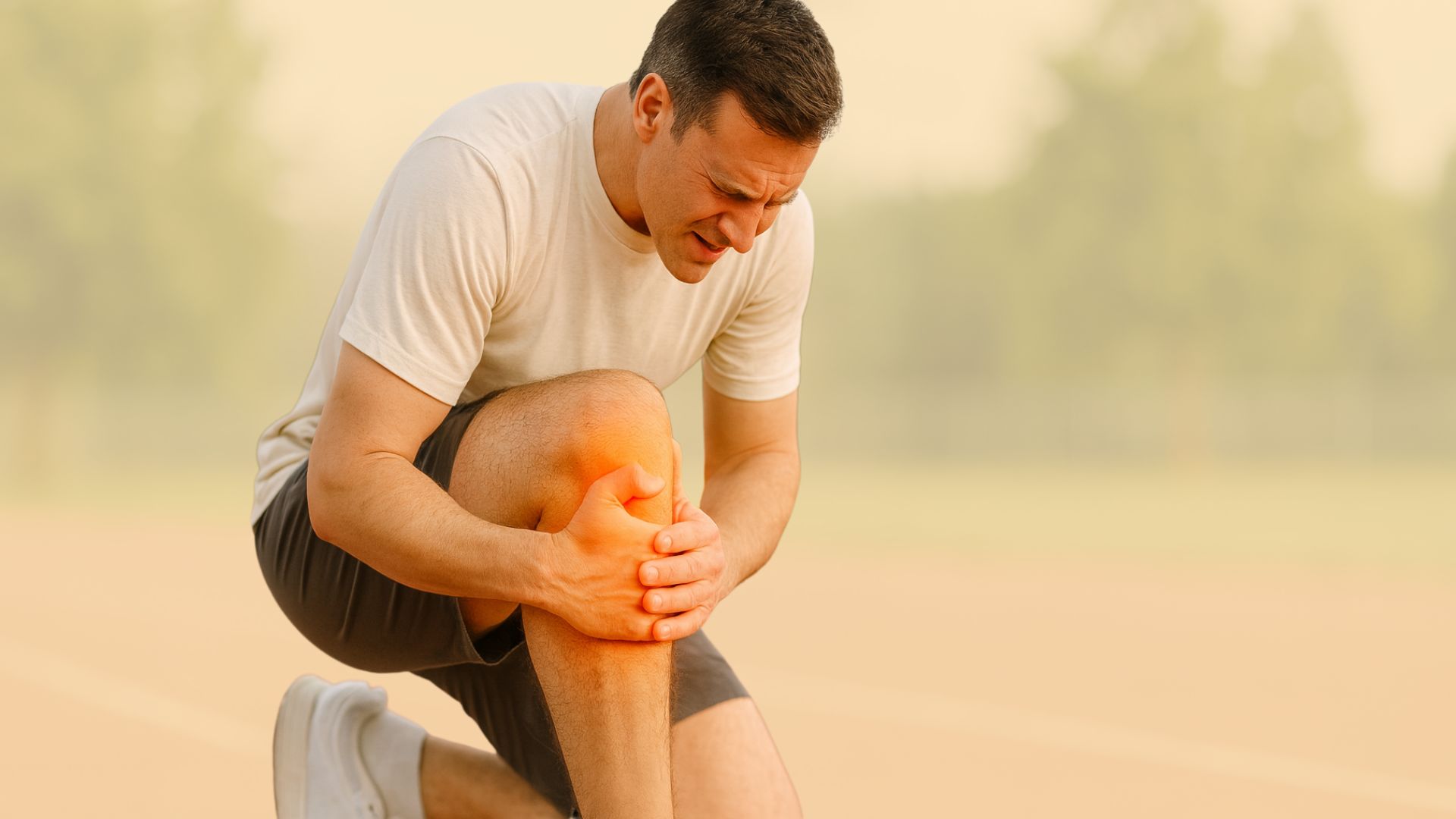 Athletic individual kneeling outdoors, clutching painful knee with orange glow indicating sports injury.