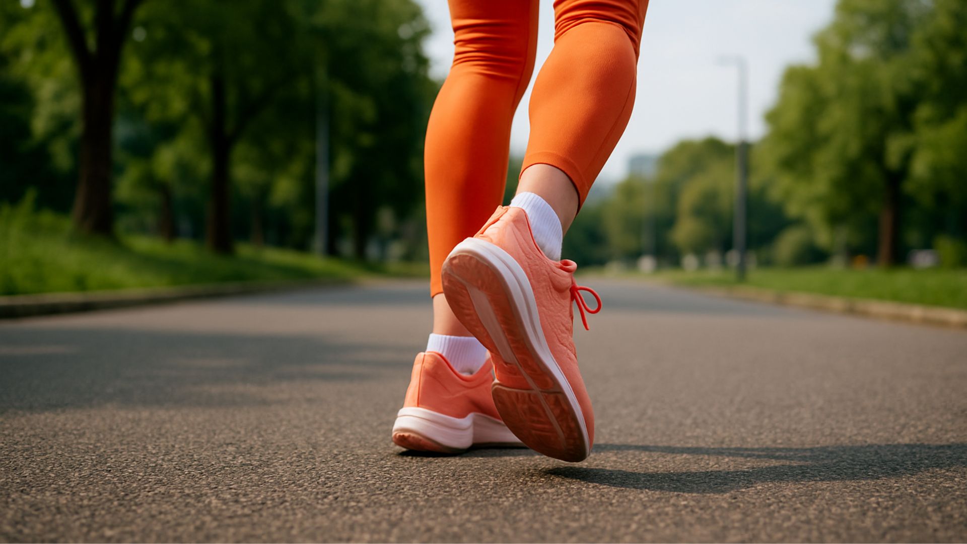 Close-up of person walking on a tree-lined path wearing bright orange leggings and matching running shoes.
