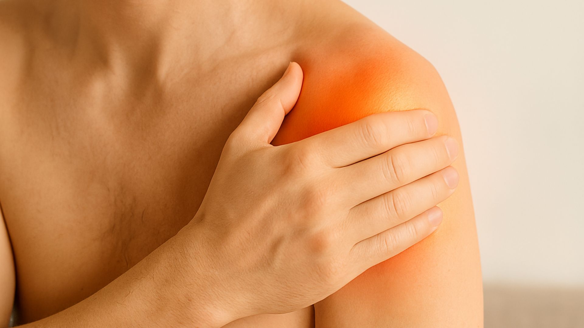 Hand resting on a person's shoulder, which is highlighted with a red and orange glow to indicate pain or inflammation.