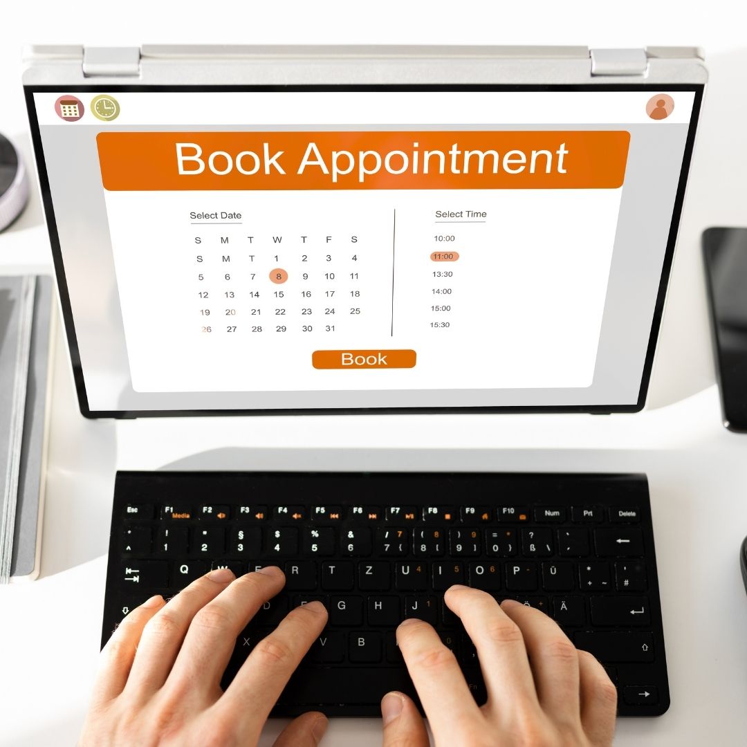 Person booking an appointment online using a calendar and time slot interface with March 8 at 11:00 selected.