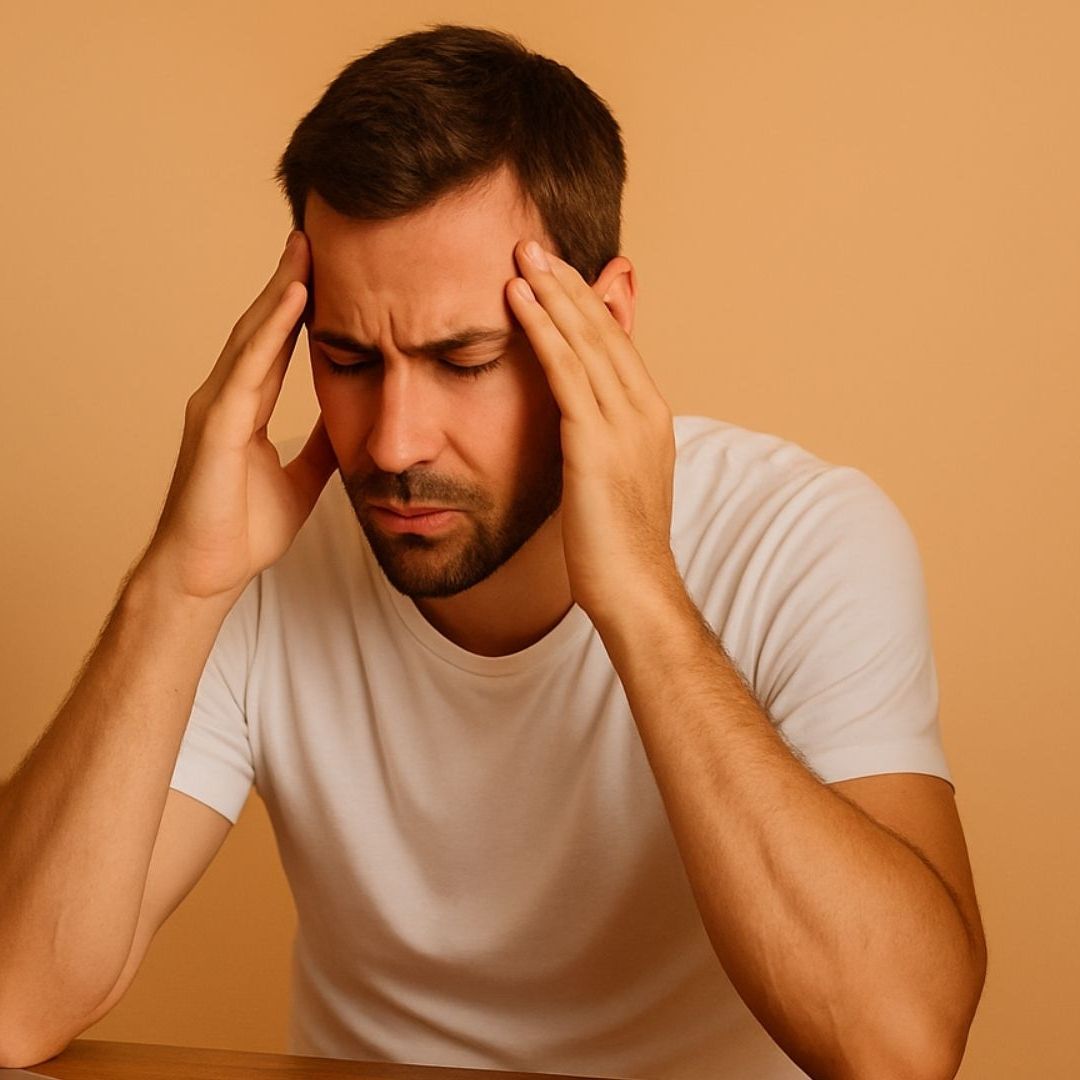 Person seated with hands on head, eyes closed, showing signs of stress or headache.