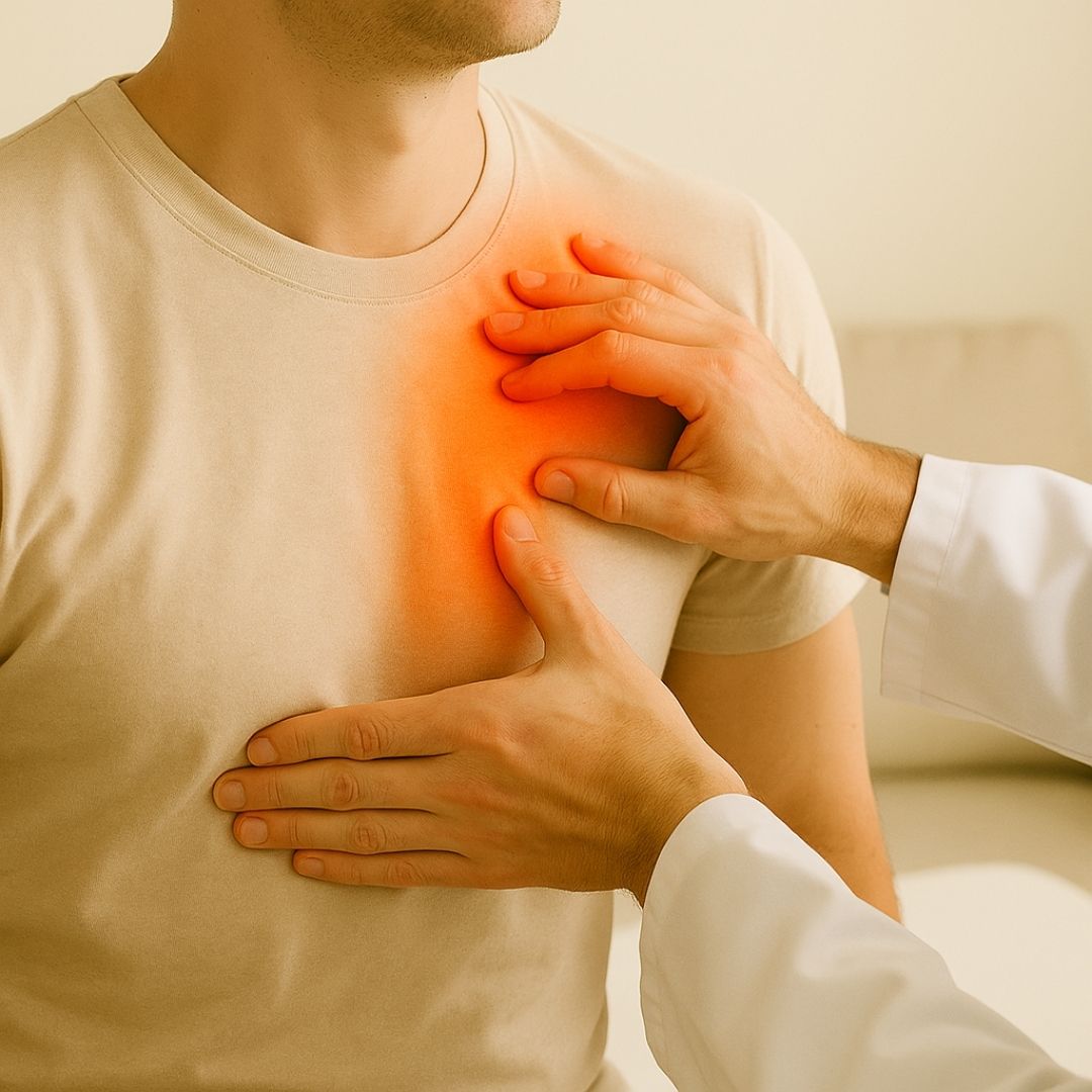 Healthcare professional palpating patient’s chest with visible inflammation indicating pain or discomfort.