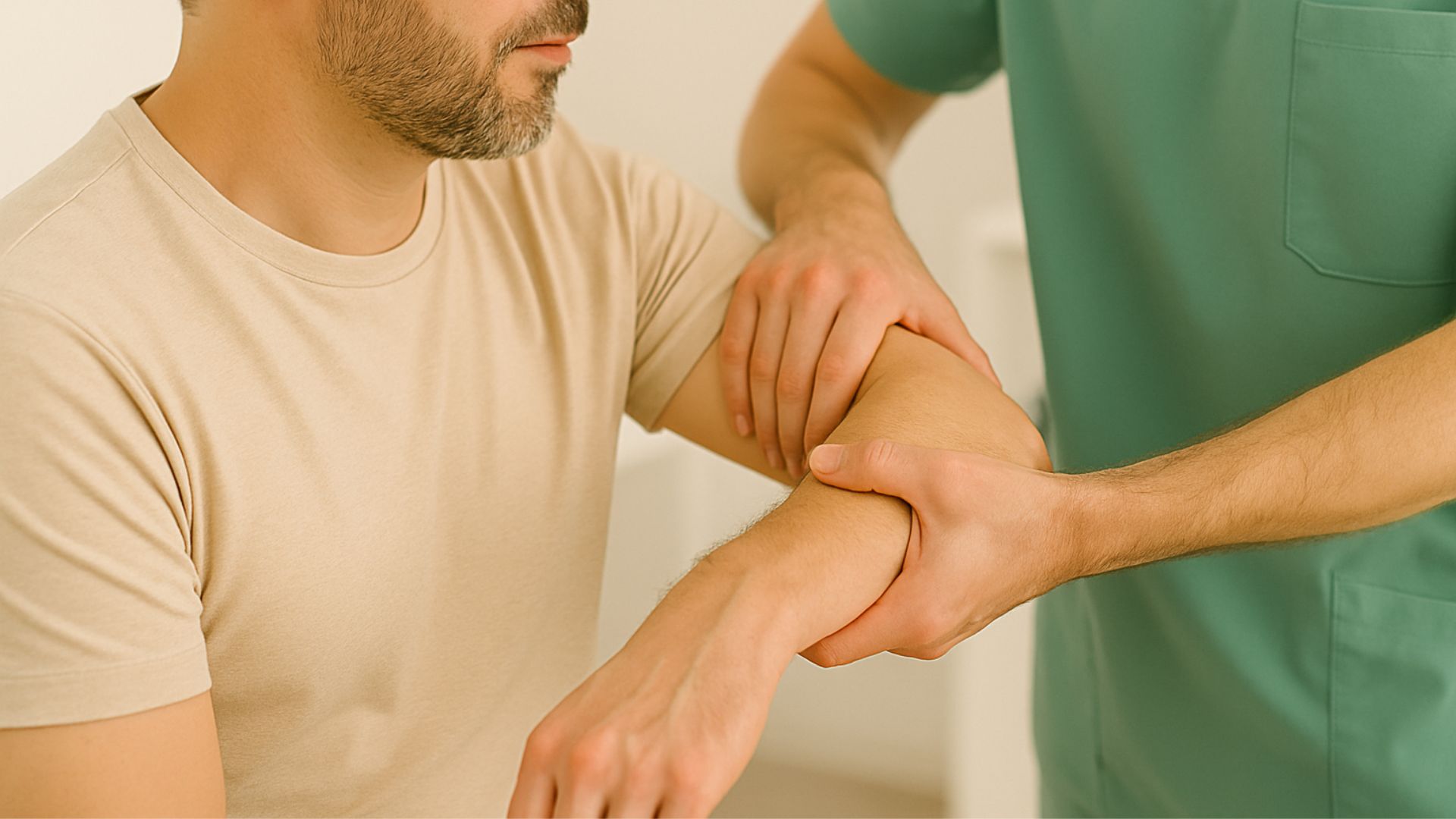 Elbow Exam Physical therapist in green scrubs assessing patient’s arm mobility at the elbow joint.