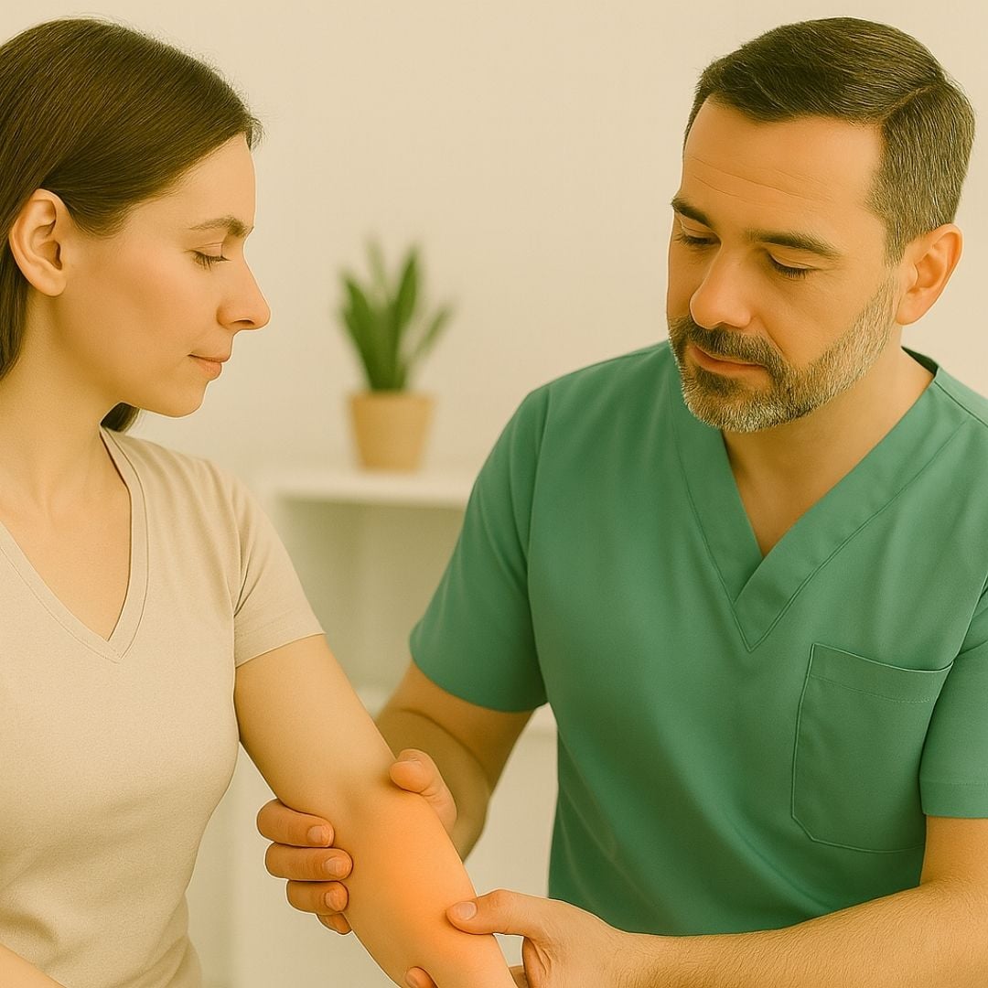 Clinician in green scrubs examining patient’s forearm with visible inflammation in a clinical setting.