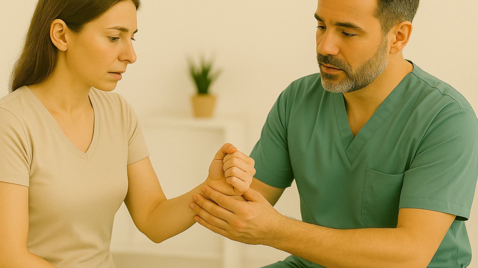 Clinician in green scrubs examining patient’s wrist for pain or mobility issues in a clinical setting.