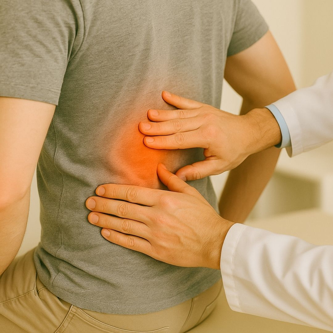 Healthcare professional examining a seated patient’s lower back, with red glow indicating pain or inflammation