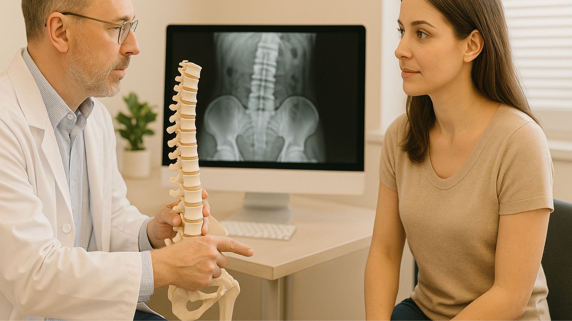 Healthcare professional explains spinal anatomy using a model during a patient consultation, with X-ray visible on monitor.