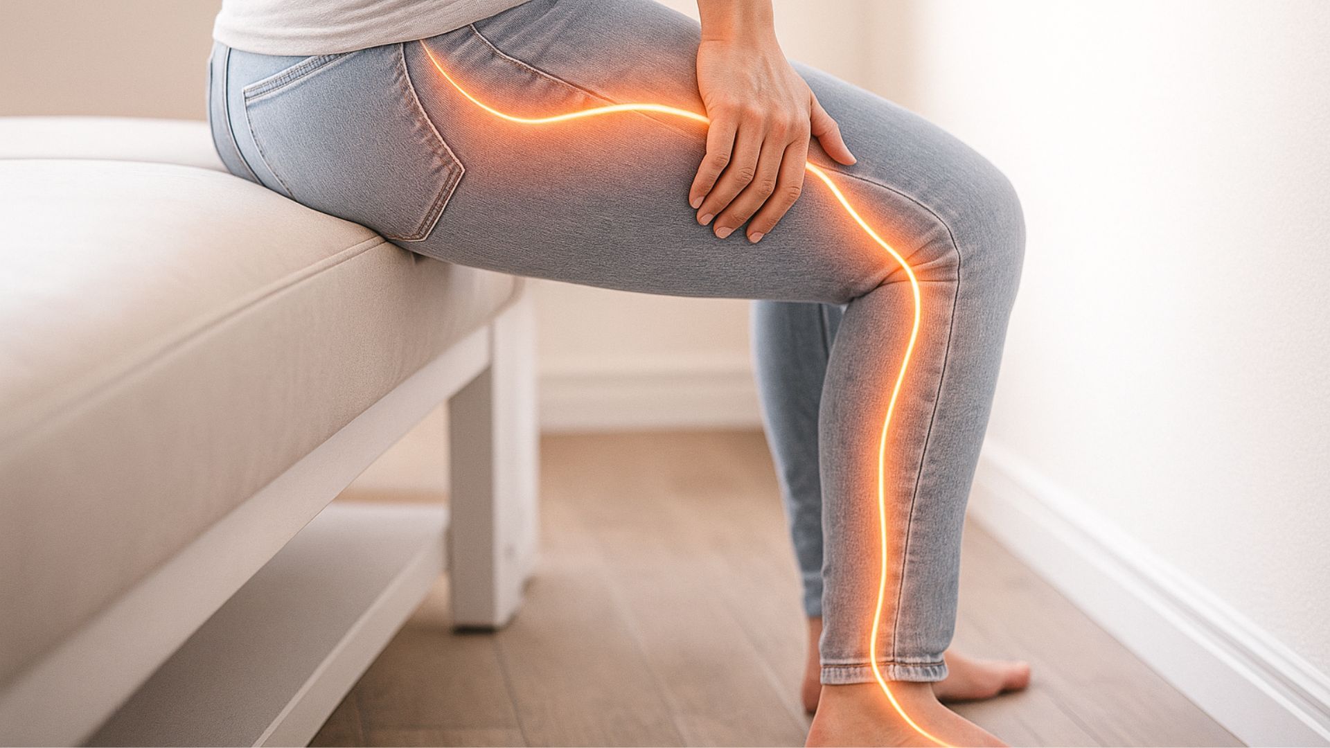 Person seated with hand on thigh, orange line tracing sciatic nerve path from lower back to foot.