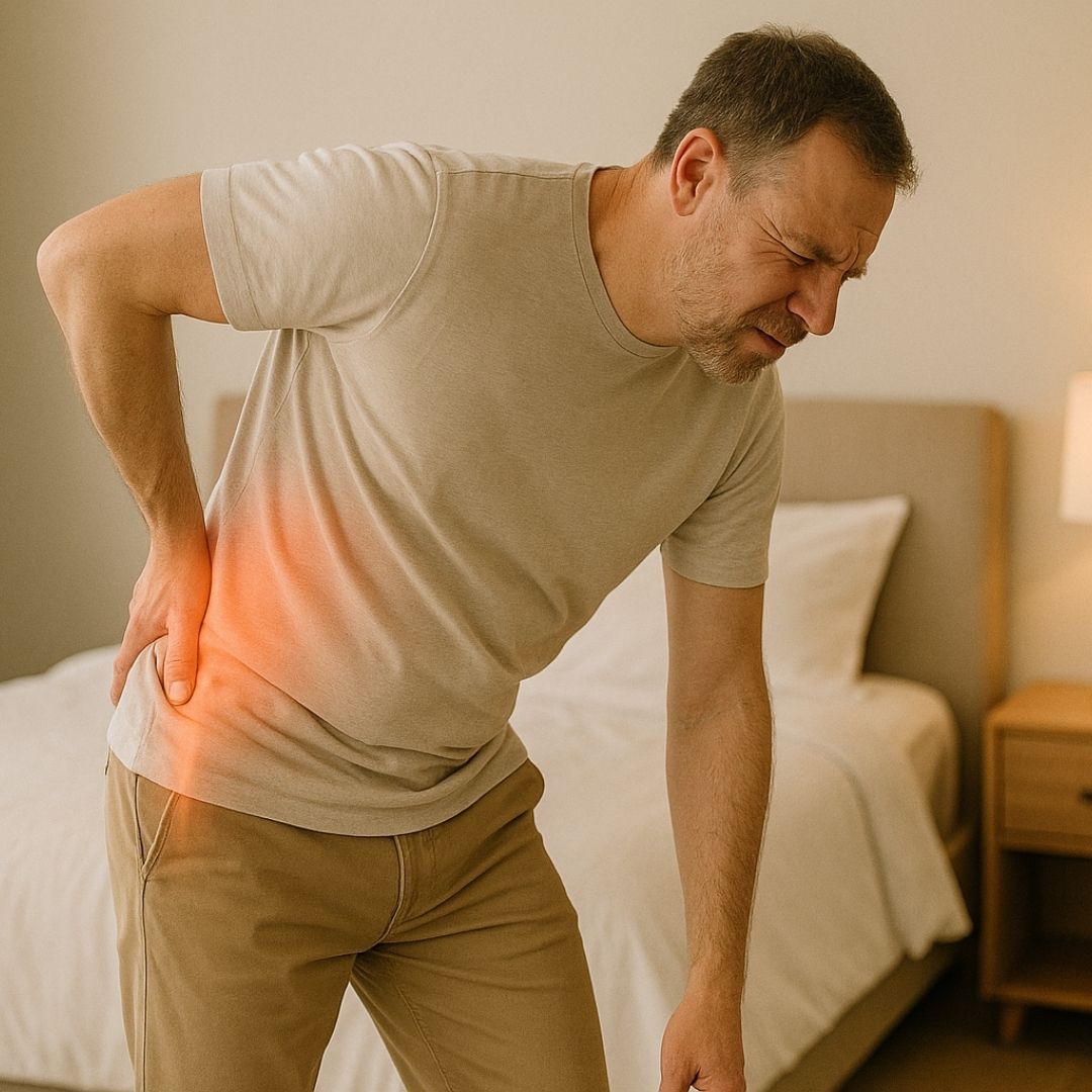 Adult experiencing lower back pain, standing in bedroom with hand on hip and red glow highlighting discomfort.
