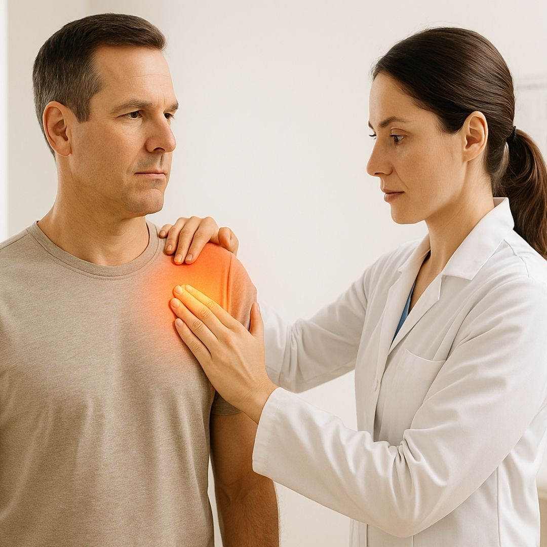 Medical professional examining a man's inflamed shoulder, highlighted with red and yellow glow to indicate pain.