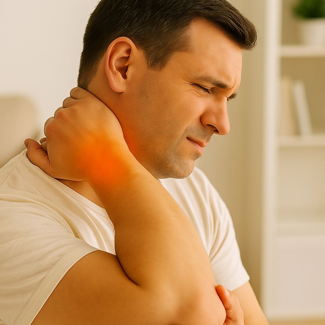Adult experiencing neck pain, hand supporting neck with visible inflammation.