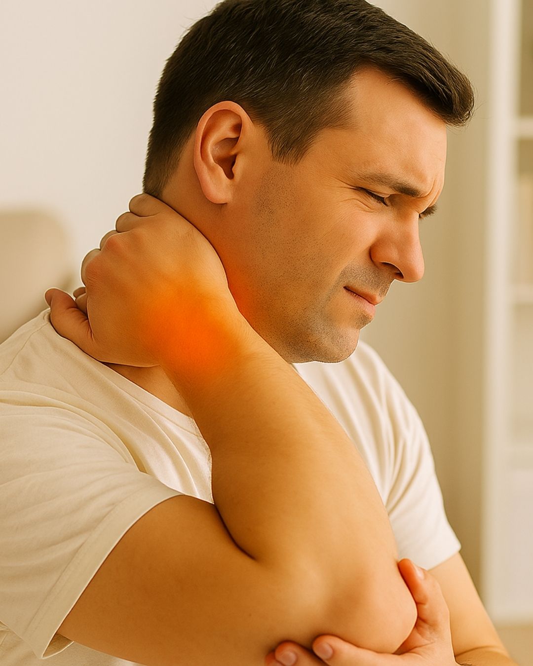 Back view of neck and shoulder with hand placed on shoulder, red highlight indicating pain or muscle strain.
