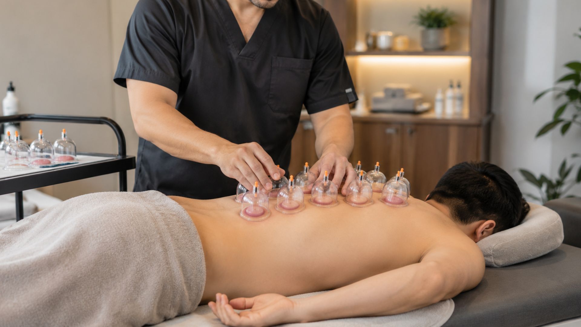 A massage therapist applies cupping therapy to a man's back in a relaxing spa setting, creating a calm and soothing atmosphere for healing and relaxation.
