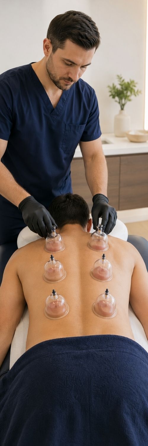 A therapist applies six transparent suction cups to the back of a client lying face down. The room is calm, with soft lighting and minimal decor.
