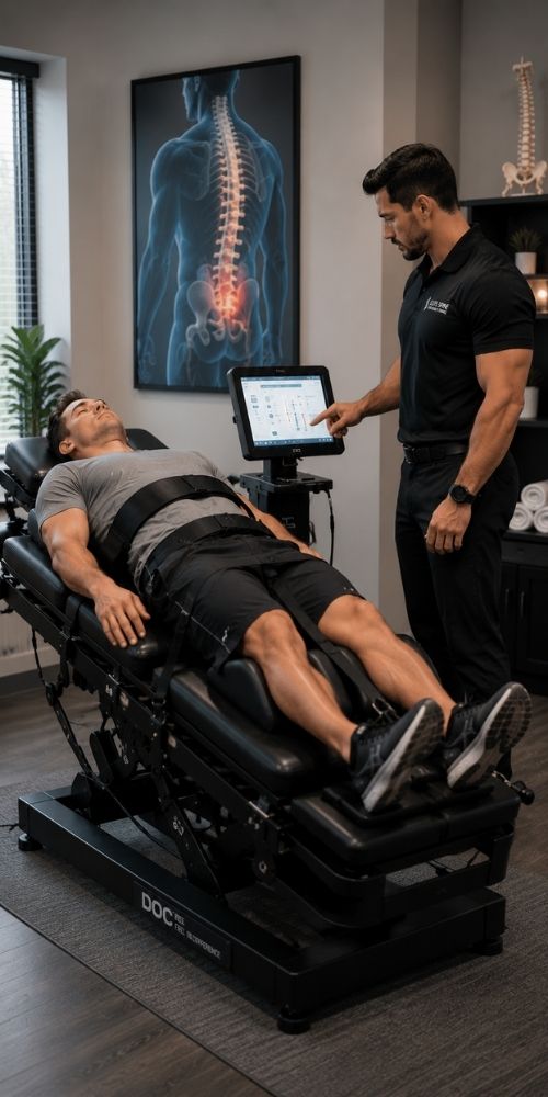 A man lies on a spinal decompression table in a modern clinic, with a medical professional operating a touch screen. A spine diagram hangs on the wall.
