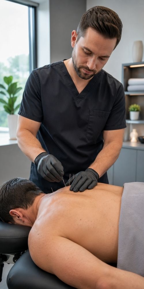 A therapist in black scrubs performs acupuncture on a man's back in a serene clinic with natural light and a plant. The mood is calm and focused.