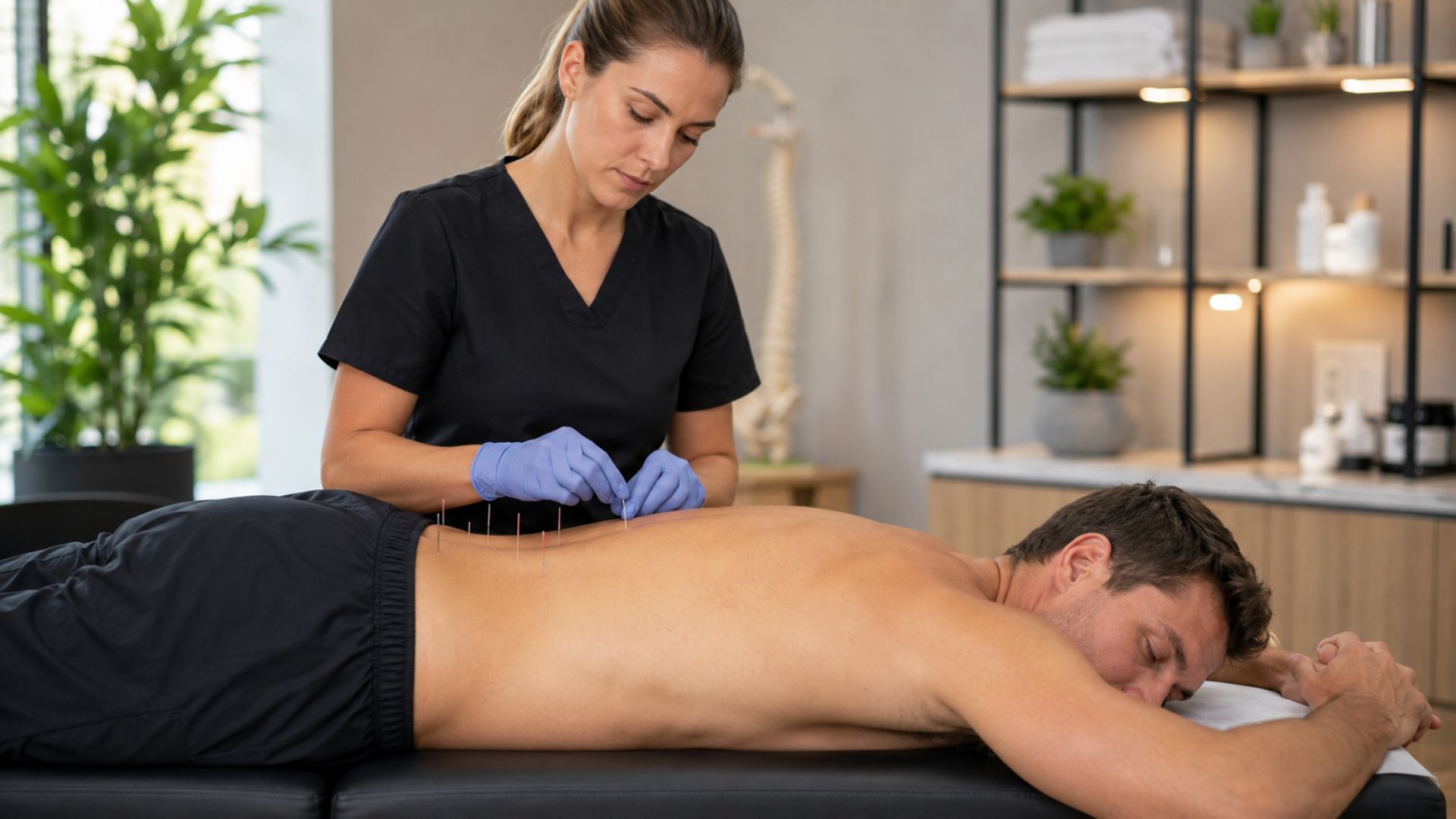 A therapist in black scrubs and blue gloves performs acupuncture on a man's back in a calm clinic. The setting is serene with plants and shelves in the background.