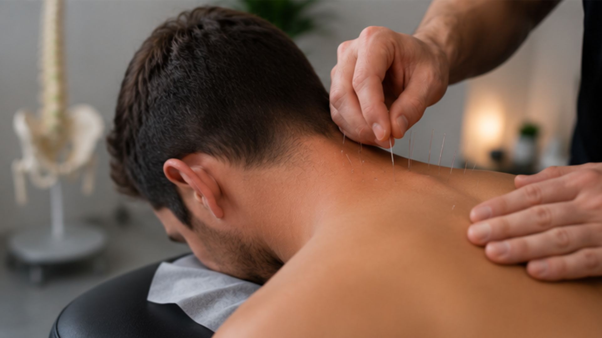 A person receiving acupuncture on their upper back, lying face down. Soft lighting and a spine model create a calm, therapeutic atmosphere.
