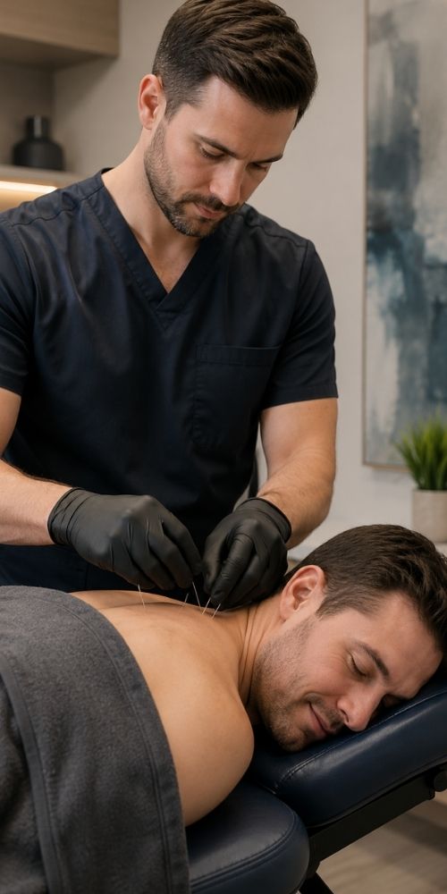 A man lying face down on a massage table receives acupuncture therapy from a practitioner in dark scrubs, creating a calm and focused atmosphere.