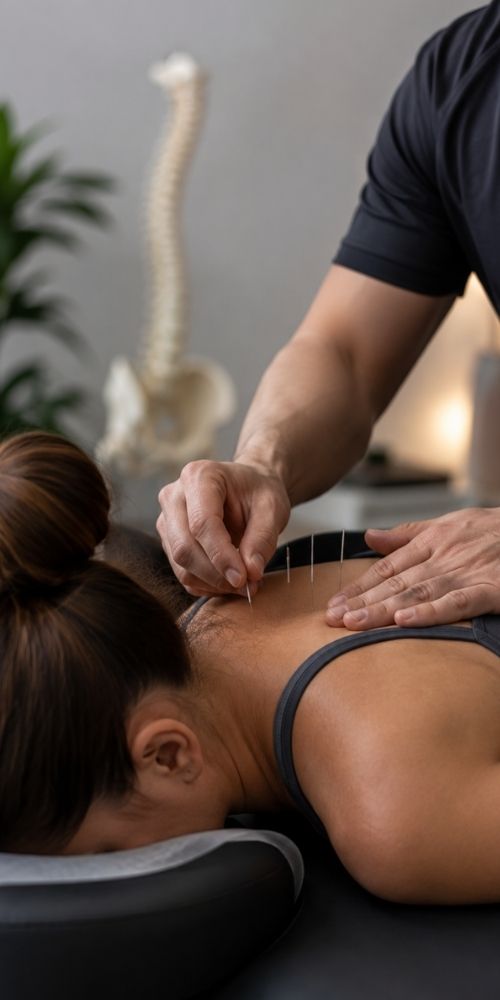 A person receives acupuncture on the upper back, lying face down in a calm setting. A spine model and plants are in the background, suggesting a therapy room.