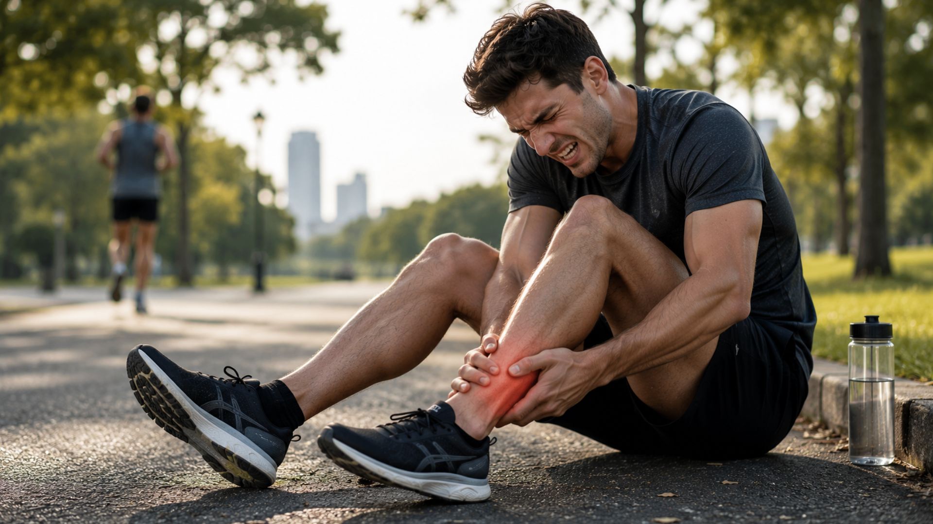 A man in athletic wear sits on a park path, grimacing and clutching his injured, red-highlighted ankle. A water bottle and another runner are in the background.