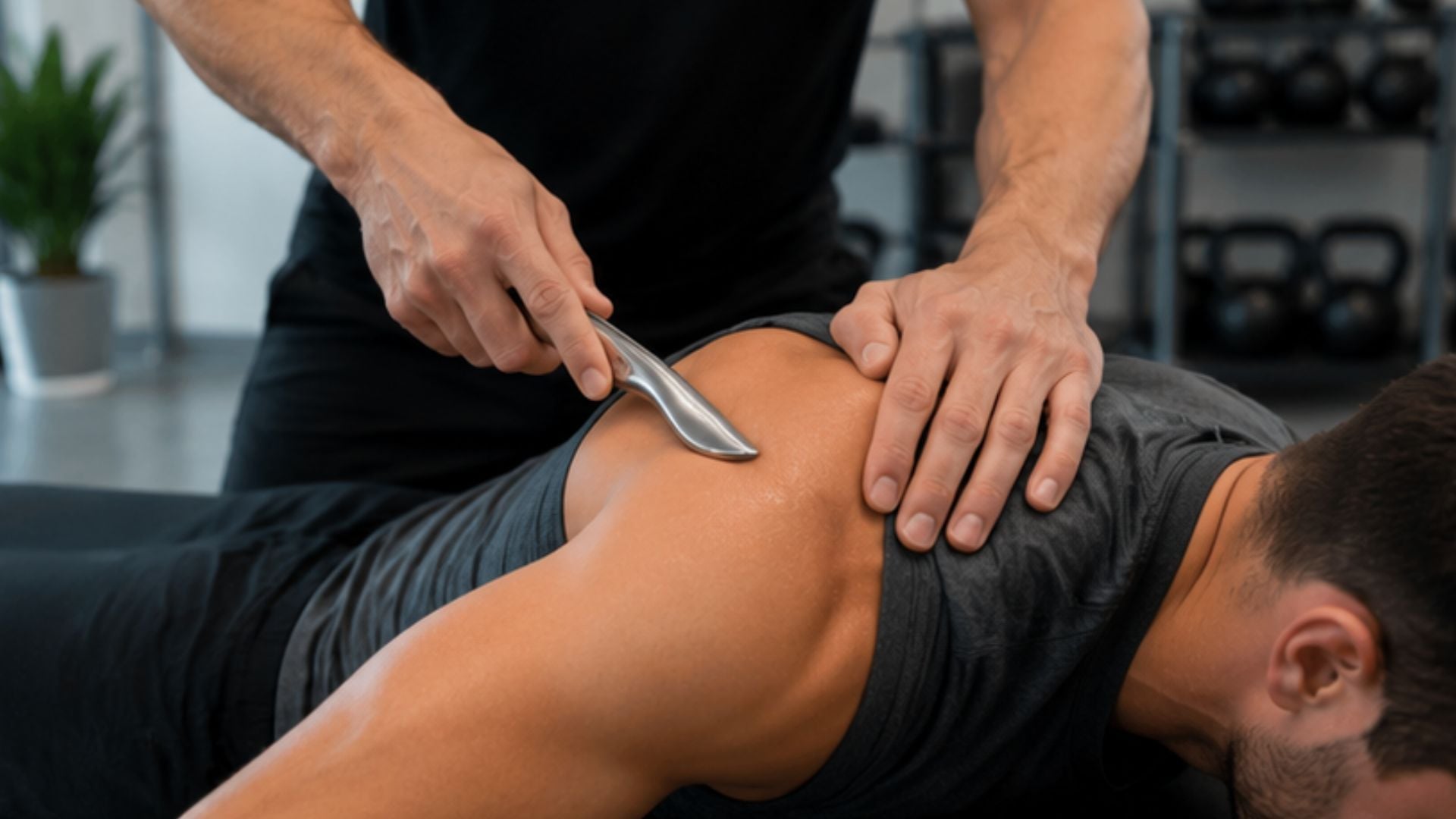 G1 A therapist performs a muscle scraping technique on a man's shoulder using a metal tool in a gym. The scene conveys a sense of focus and therapeutic care.