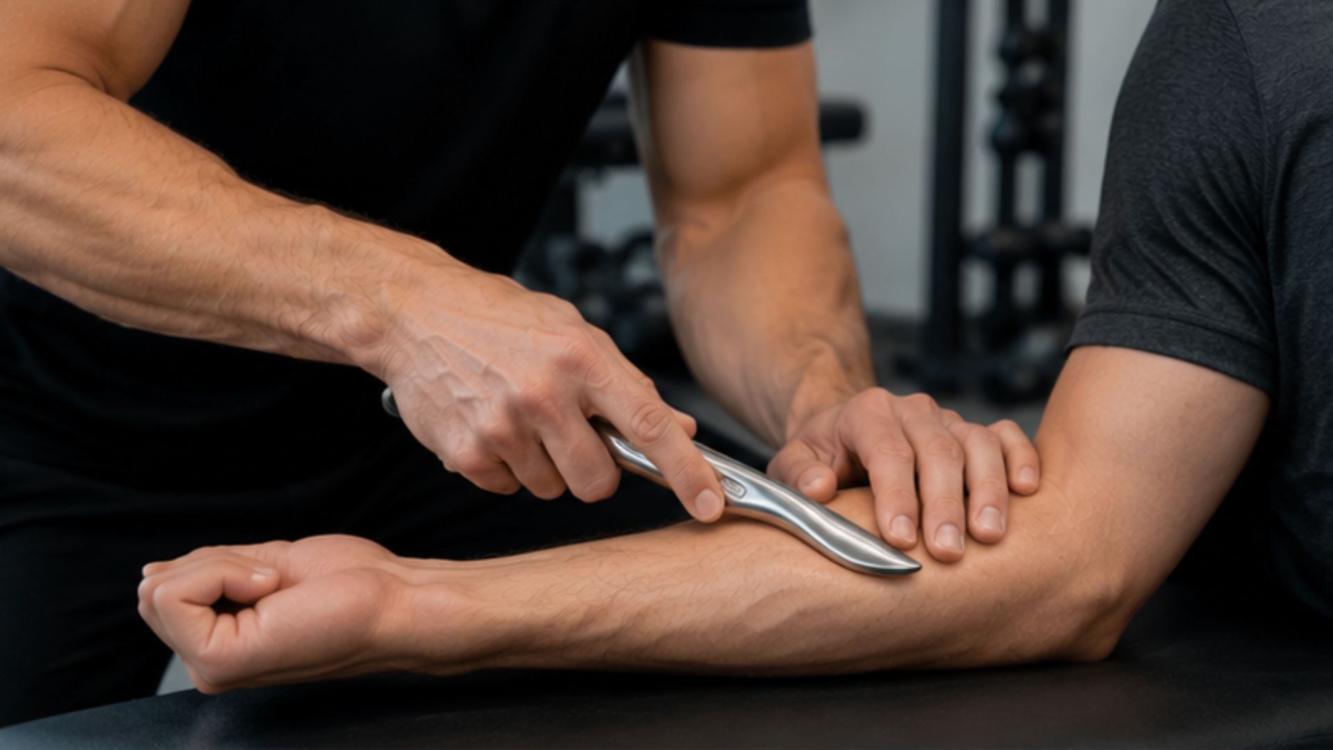 G2 A therapist uses a metal tool to apply pressure on a person's forearm, likely for muscle therapy. The setting appears to be a gym. The mood is focused.