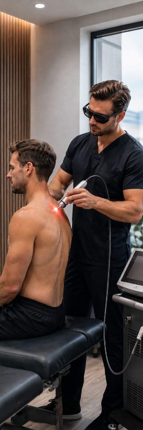 IV Laser Elite Spine A man in black scrubs and sunglasses uses a laser therapy device on another man's upper back in a modern clinic, creating a focused and professional atmosphere.