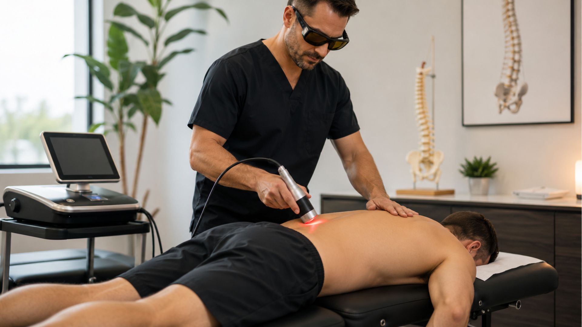 A man in black scrubs uses a laser therapy device on a patient lying face down on a treatment table. The room is bright, with modern decor and skeletal posters.