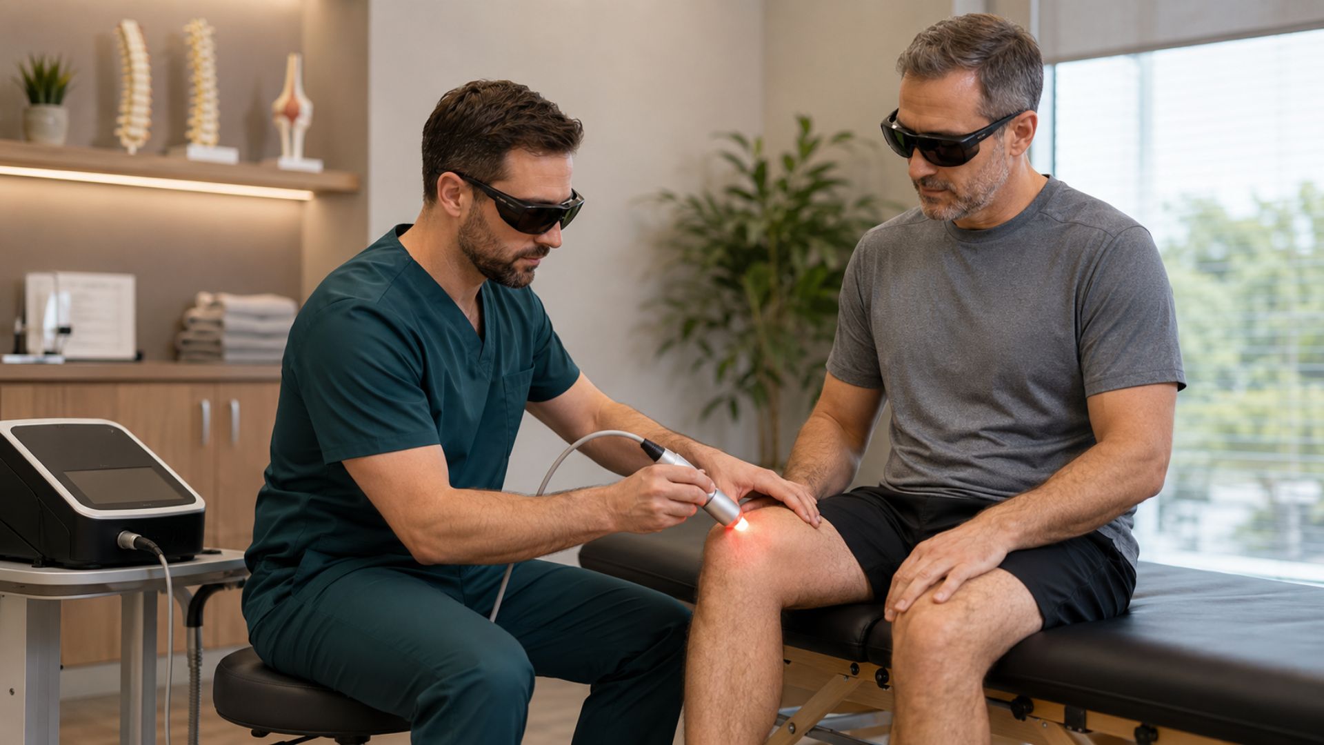A therapist in green scrubs uses a laser device on the knee of a seated patient. Both wear protective glasses. The clinic is calm and professional.