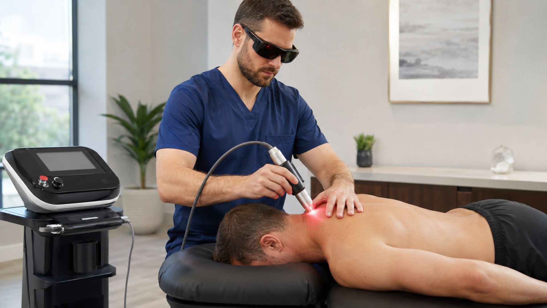 A therapist in blue scrubs uses a laser treatment device on a patient's back in a modern clinic. The setting is calm and professional.
