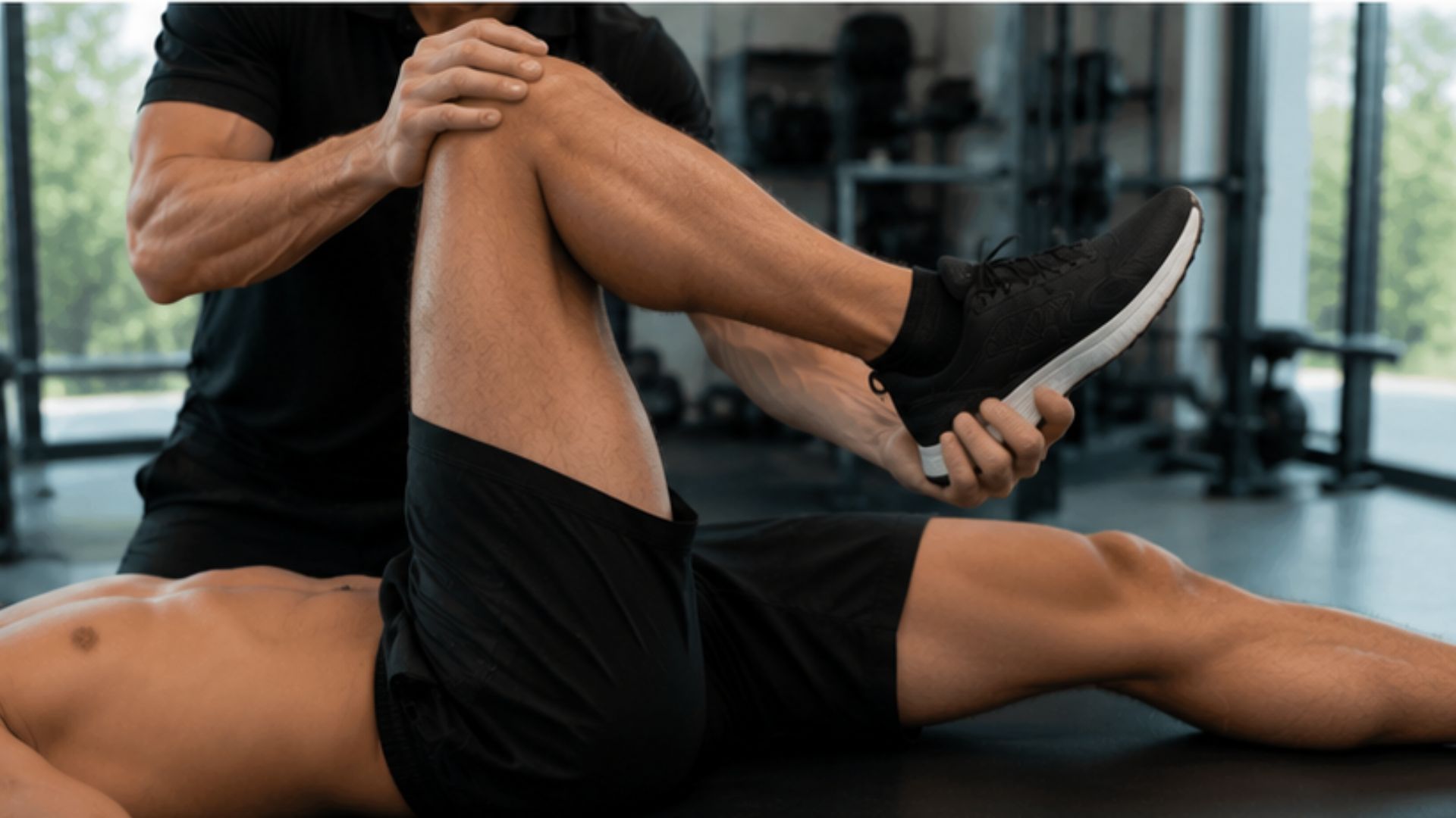 A trainer assists in stretching an athlete's leg in a gym. The athlete is lying on a mat, wearing black shorts, conveying a focused and supportive atmosphere.
