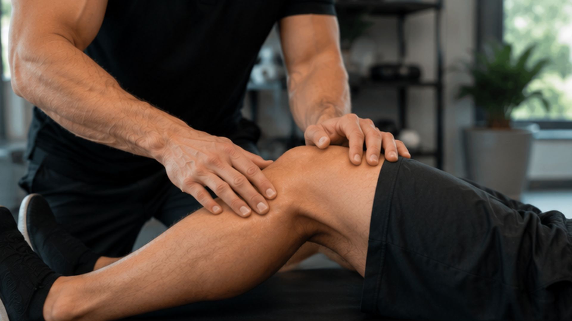 A physical therapist in a black shirt assists a client by stretching their leg indoors. The scene conveys a sense of care and professionalism.